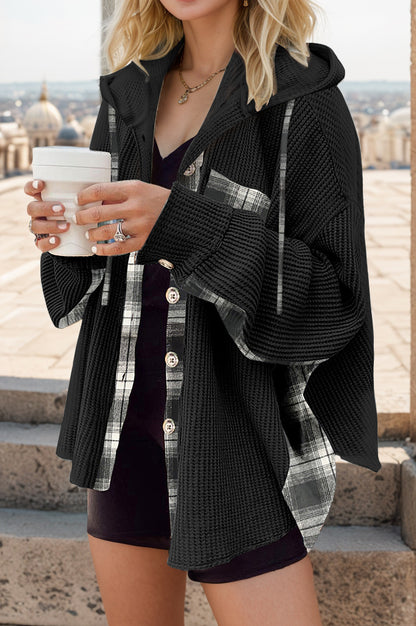 Plaid Waffle-Knit Drawstring Hooded Jacket