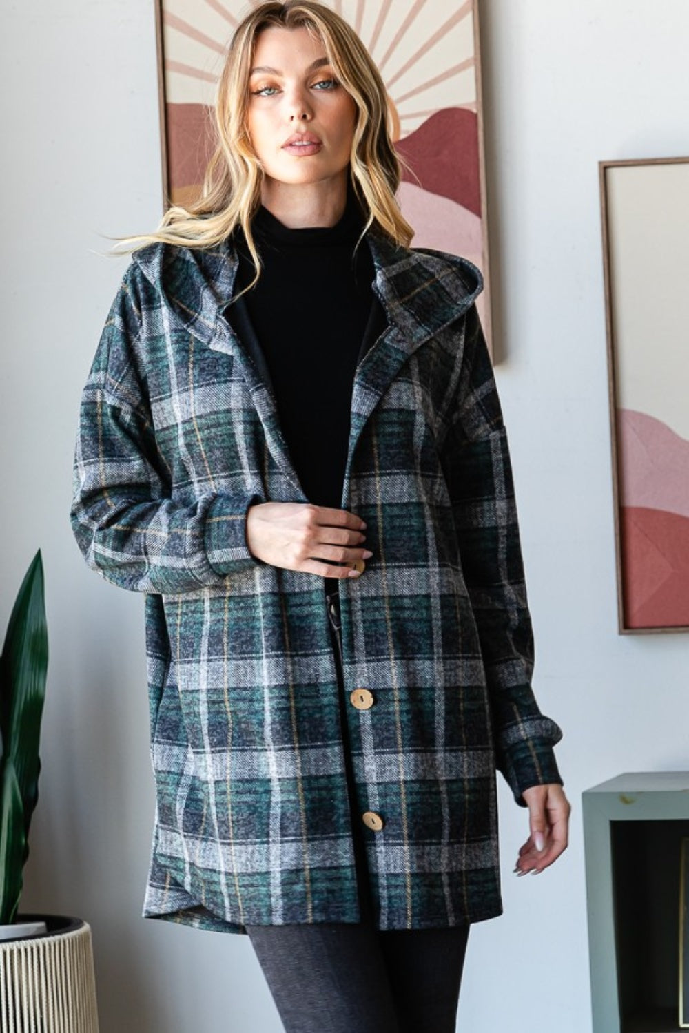 Heimish Plaid Button Down Long Sleeve Hooded Cardigan